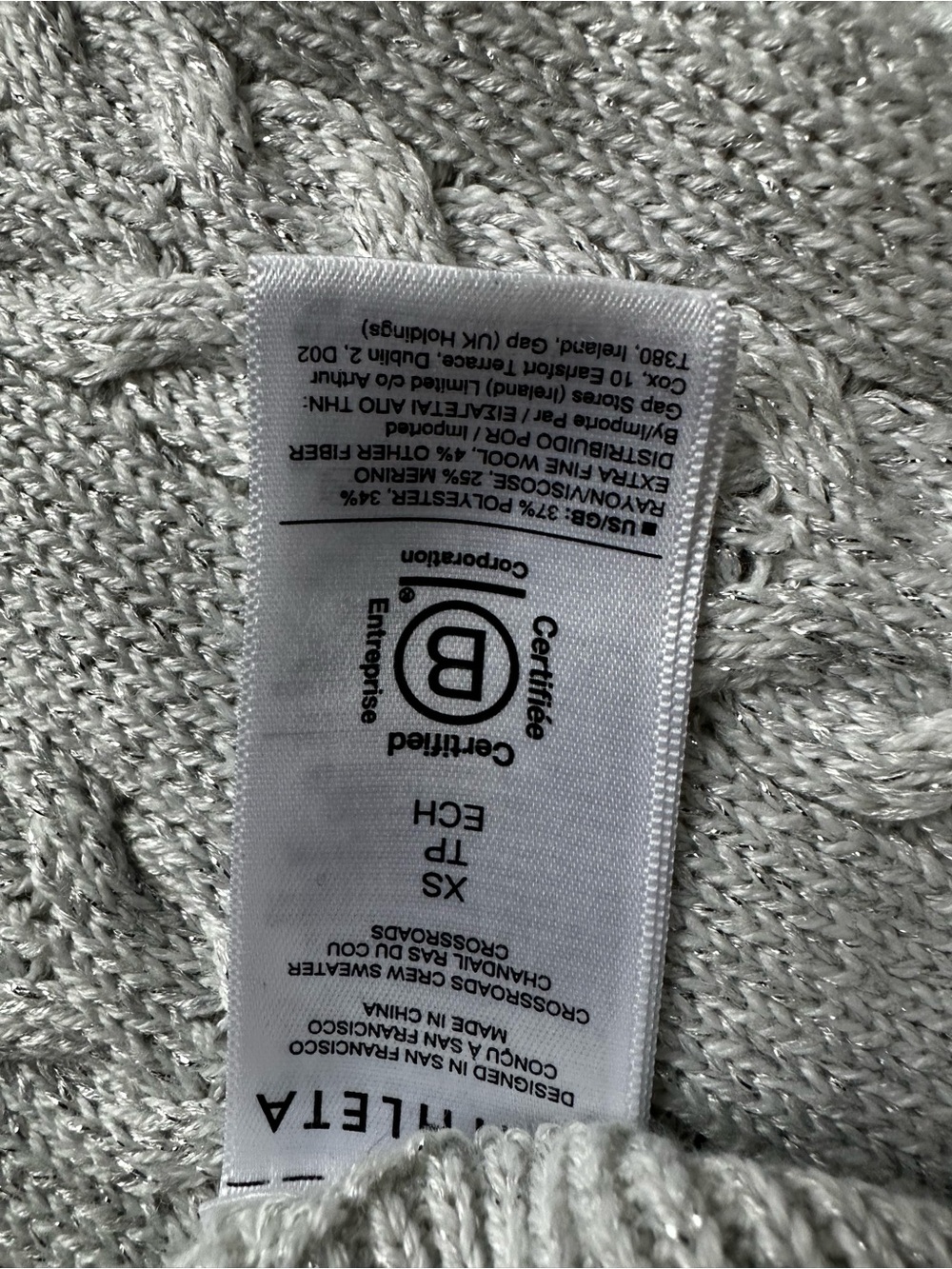 Athleta Silver Metallic Crossroads Cable Knit Merino Blend Sweater XS Soft - Picture 4 of 6